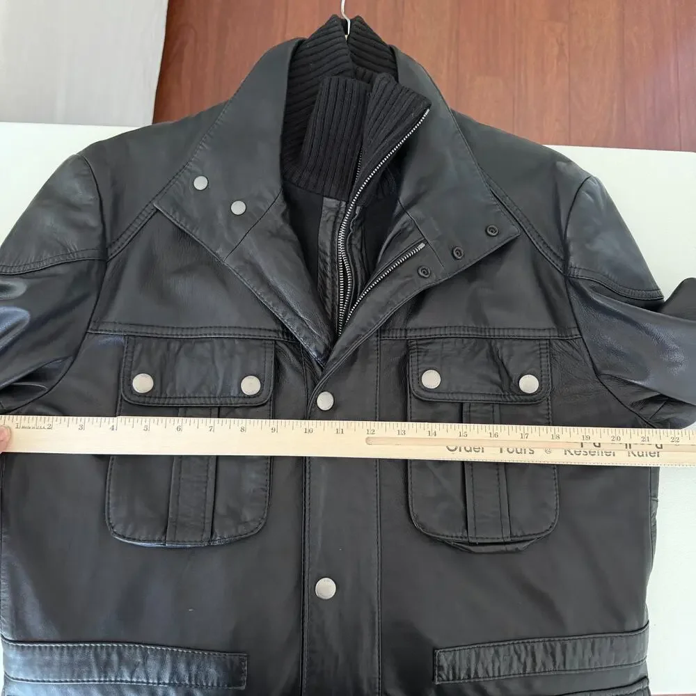Hugo Boss Leather Jacket Men 38R Black Goatskin Military Field Biker Safari Coat - Picture 10 of 12